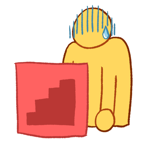  A drawing of a person slumped and looking exhausted behind a pink square with dark pink stairs on it.